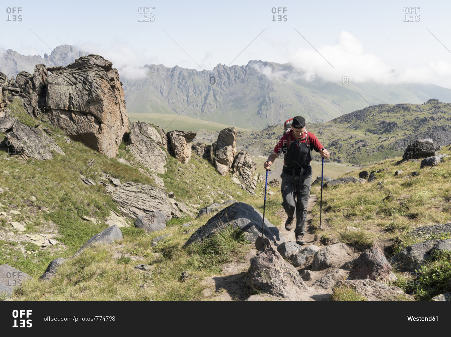 Russia- Caucasus- Mountaineer hiking in Upper Baksan Valley