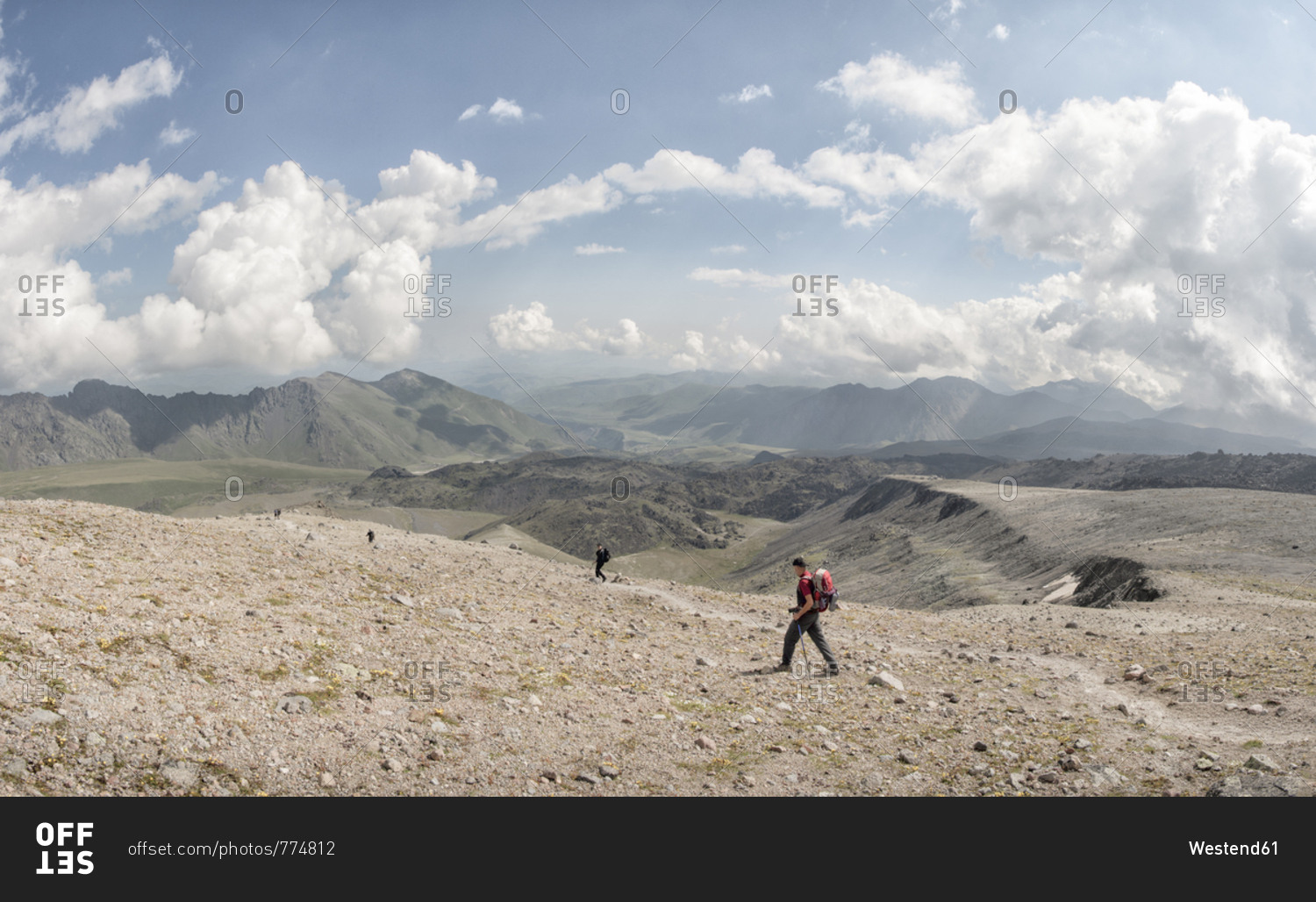 Russia- Caucasus- Mountaineers hiking in Upper Baksan Valley