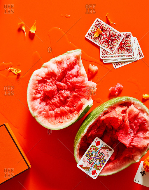September 25, 2018 - Still life with Hermes playing cards and torn open watermelon