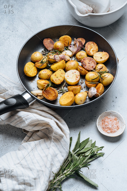Potato and herb dish in a skillet
