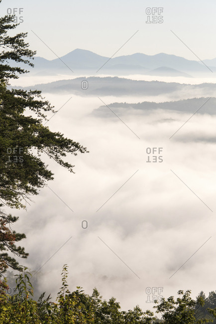 USA, Tennessee, Great Smoky Mountains National Park. Dense clouds in valleys from Foothills Parkway. Tallest peak is Thunderhead Mountain