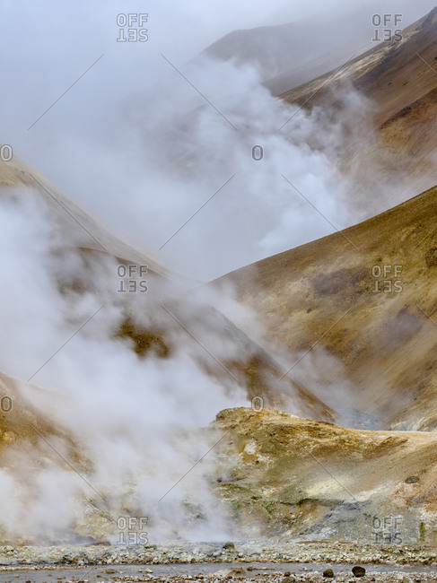 Geothermal area Hveradalir in the mountains of Kerlingarfjoll in the highland of Iceland.