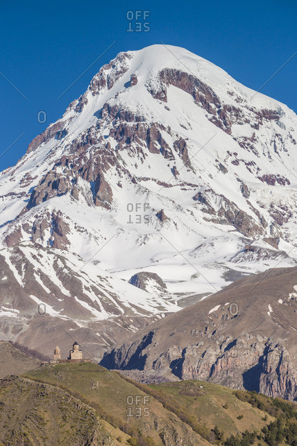 Georgia, Georgian Military Highway, Kazbegi-Stepantsminda, Tsminda-Sameba Church and Mt. Kazbek