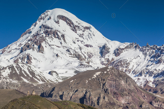 Georgia, Georgian Military Highway, Kazbegi-Stepantsminda, Tsminda-Sameba Church and Mt. Kazbek