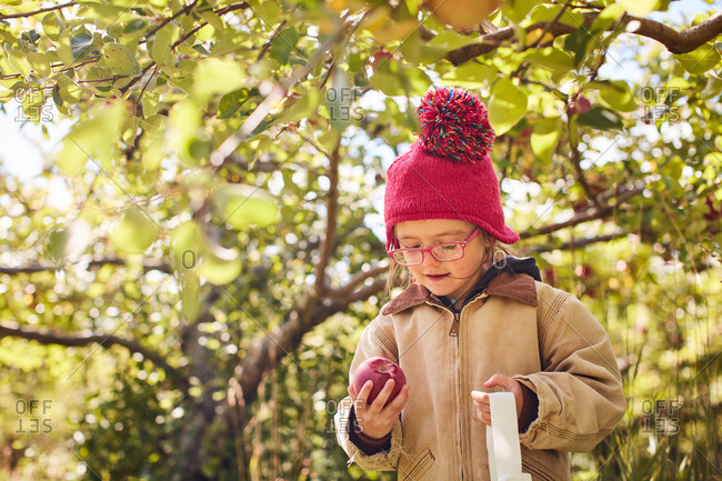 Girl wearing a knit hat holding a freshly picked ripe apple