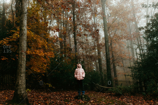Little girl looking around on a foggy morning