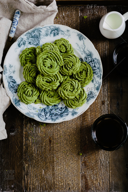 Plate of freshly baked matcha cookies