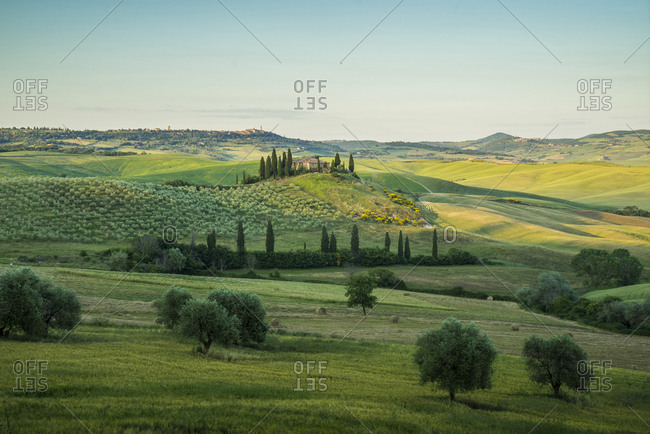 May 29, 2015: Italy, Tuscany, San Quirico d'Orcia . The landscape of the Val d'Orcia became the UNESCO World Heritage Site in 2014, this is one of the reasons: Val d'Orcia is an outstanding example of how the natural landscape was redesigned during the Renaissance period to reflect the ideals of good governance and to create an aesthetically pleasing image