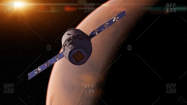 Illustration of a satellite in front of Mars.