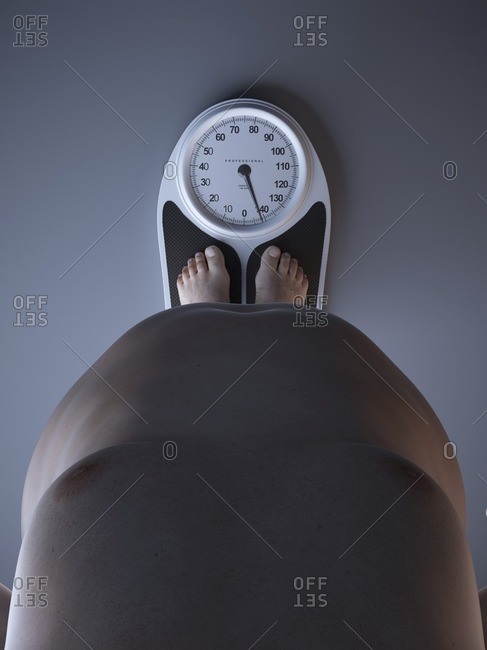 Illustration of an obese man on a scale.