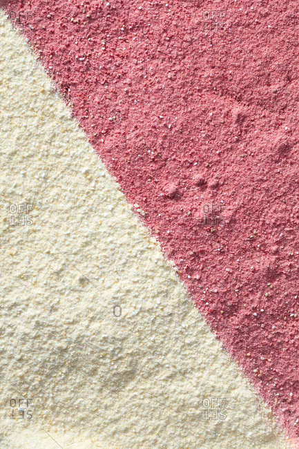 Close up of a pink and white half and half pie