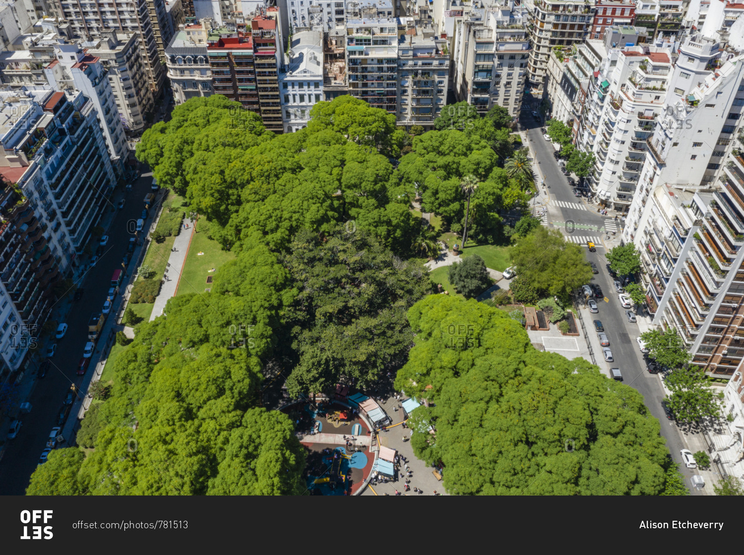 Drone view over Plaza Vicente Lopez y Planes, Buenos Aires, Argentina