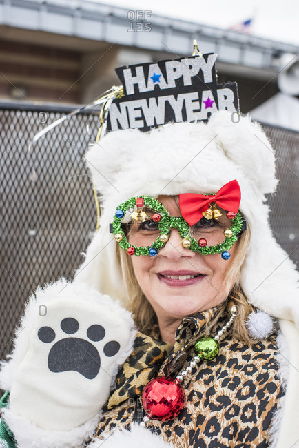 New York City, NY, USA - January 1, 2019: Woman wearing polar bear costume at the Polar Bear Plunge, Coney Island, Brooklyn