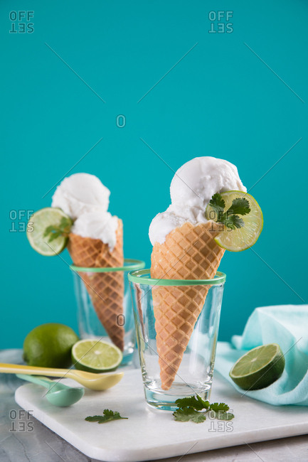 Cilantro lime ice cream in cones