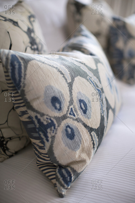 Close-up of throw pillows on a couch