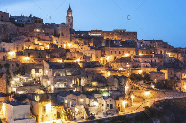 Italy- Basilicata- Matera- Townscape and historical cave dwelling- Sassi di Matera at blue hour