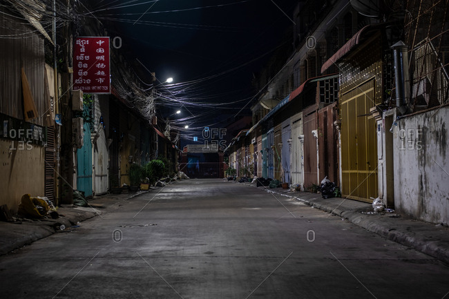 Phnom Penh Cambodia December 3 18 Locked Gates And Doors To Closed Businesses Along An Empty Street At Night Stock Photo Offset