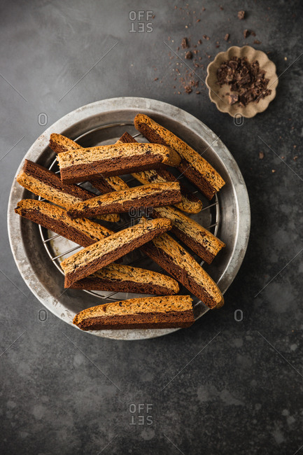 Chocolate and coffee biscotti pieces on a plate