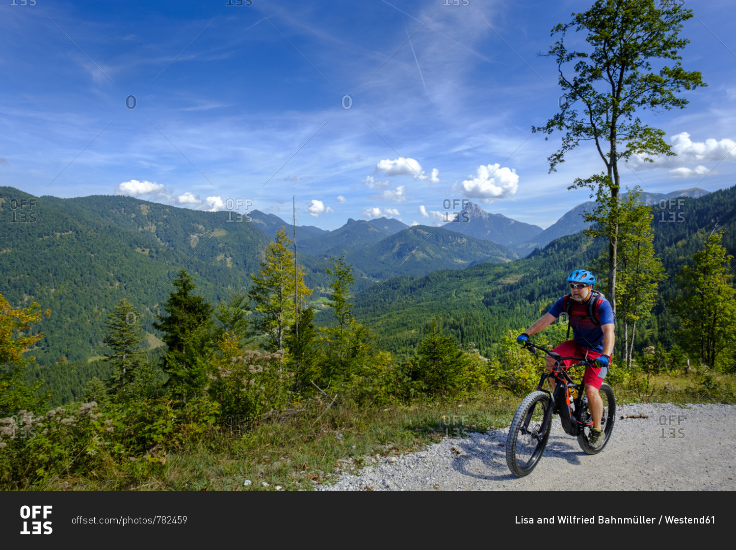 Austria- Tyrol- Juifen- Rotwand mountain pasture- mature men on mountain bike