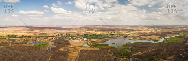 Panoramic aerial view of rock mountain formation on arid area, Ceara, Brazil.