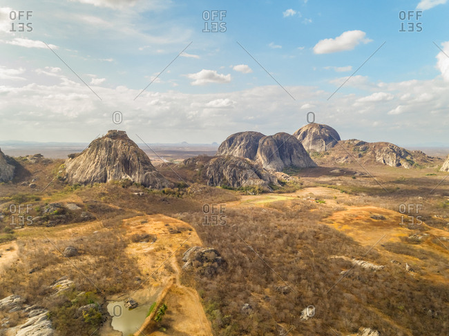 Aerial view of rock mountain formation on arid area, Ceara, Brazil.