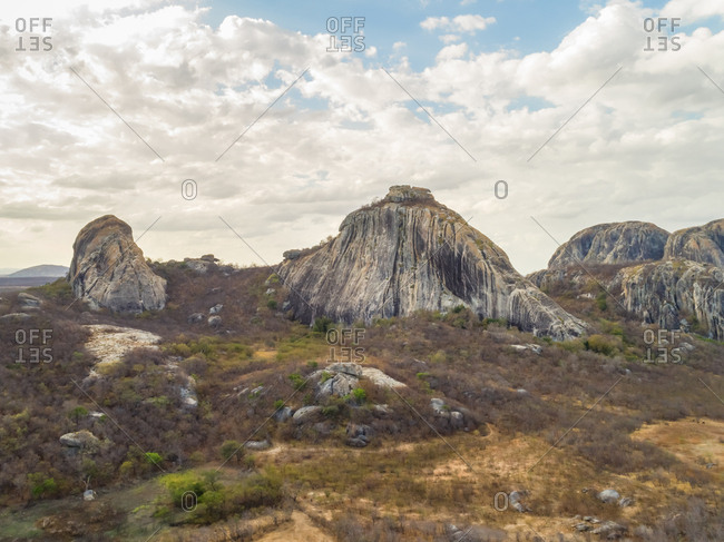 Aerial view of rock mountain formation on arid area, Ceara, Brazil.