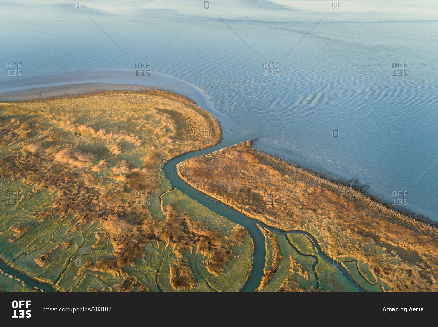 Aerial view of wetland near lake water during sunset, Netherlands.