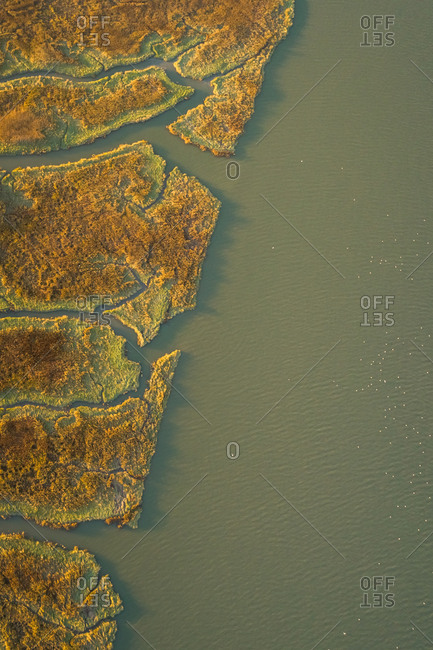 Aerial view above of wide wetland ecosystem near the ocean, Netherlands.