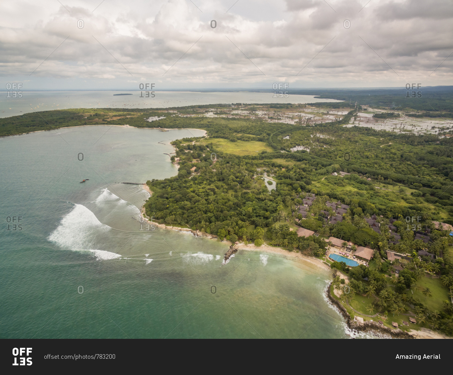 Aerial view of tropical island with a resort, Java, Indonesia.
