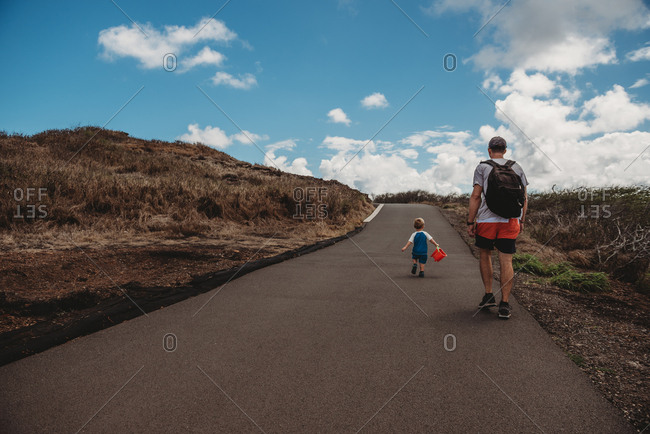Father and toddler hiking on path