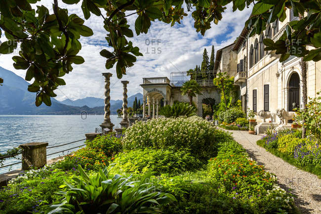 View of lake from Botanical Gardens in the village of Vezio, Province of Como, Lake Como, Lombardy, Italian Lakes, Italy, Europe