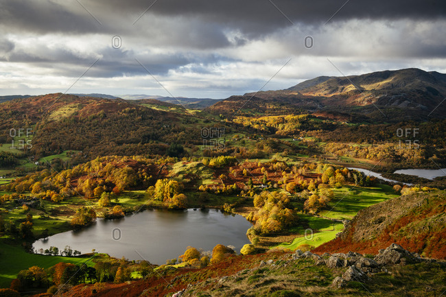 View on autumn dawn from Loughrigg Fell, Lake District National Park, UNESCO World Heritage Site, Cumbria, England, United Kingdom, Europe