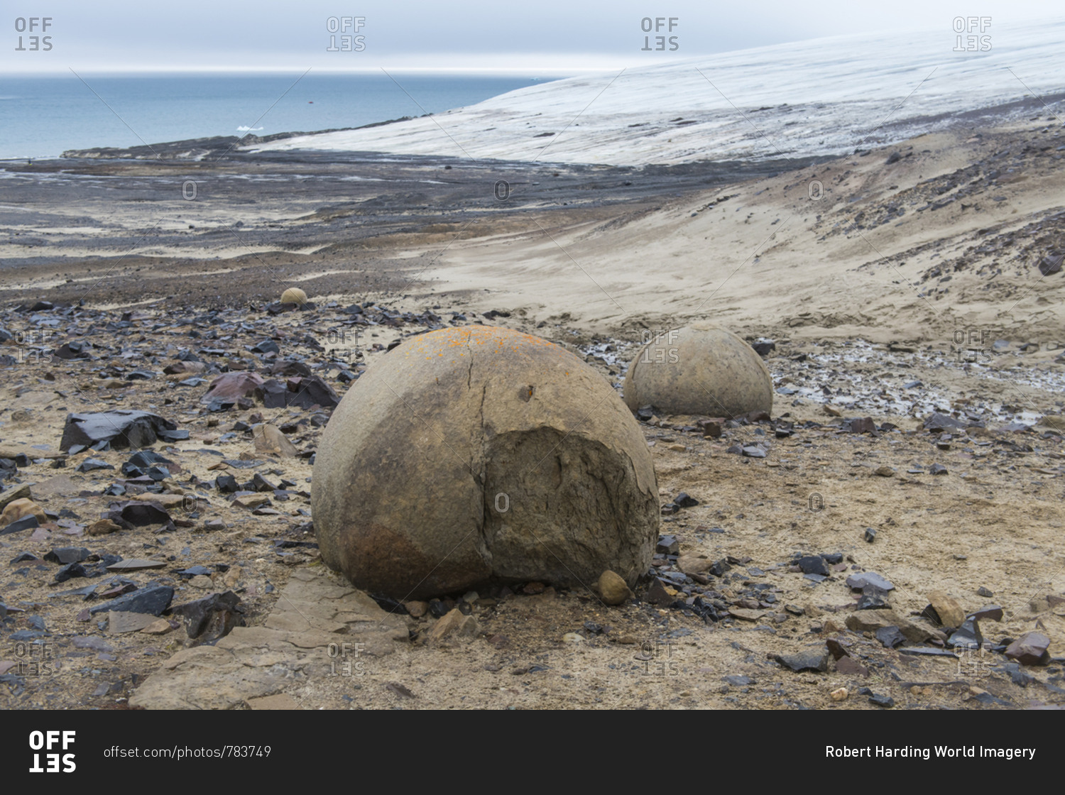 Giant stone sphere, Champ Island, Franz Josef Land archipelago, Arkhangelsk Oblast, Arctic, Russia, Europe