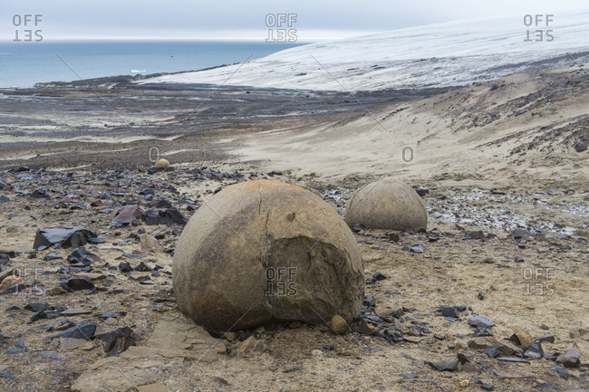 Giant stone sphere, Champ Island, Franz Josef Land archipelago, Arkhangelsk Oblast, Arctic, Russia, Europe