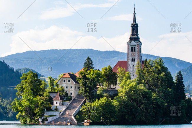 The Pilgrimage Church of the Assumption of Mary (Our Lady of the Lake), located on an island in Lake Bled, Slovenia, Europe