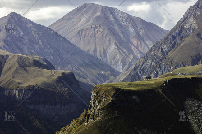 Beautiful light cast on the monument, Gergeti, Georgia, Central Asia, Asia
