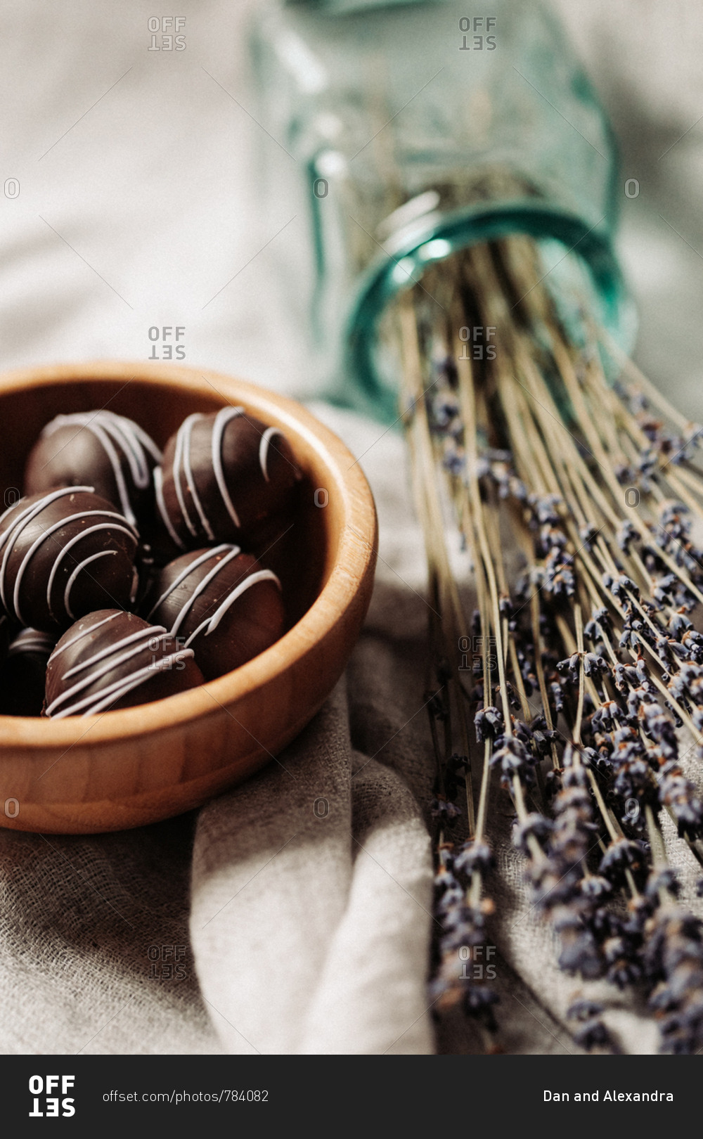 Close up of dark chocolate lavender pralines