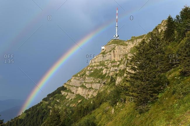Transmission tower of Rigikulm with a rainbow, Rigi, Central Switzerland, Switzerland, Europe