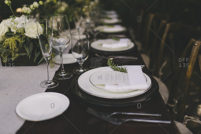 Set table at an outdoor wedding