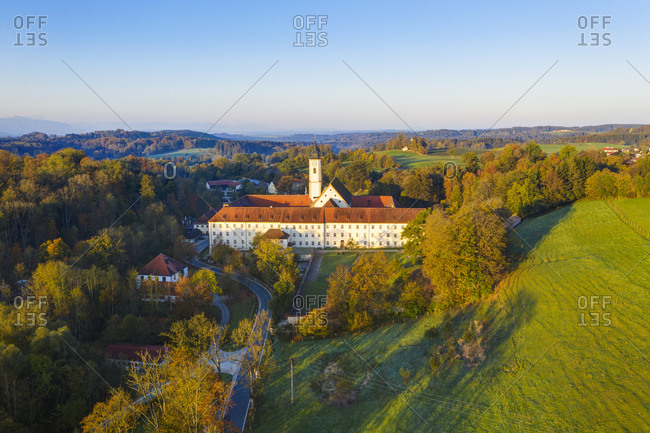 Germany- Bavaria- Upper Bavaria- Dietramszell- aerial view of a monastery- Salesian Sisters monastery