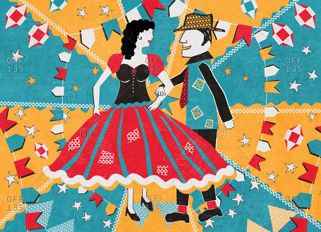 Illustration of a man and woman dancing at Festa Junina in Sao Paulo