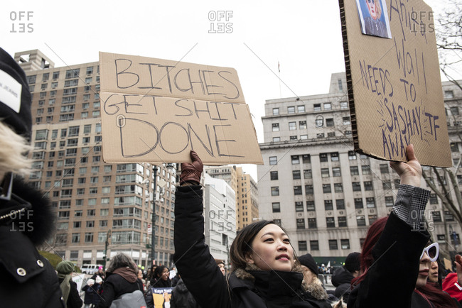 Foley Square - January 19, 2019: Activists at the Womens March in Foley Square, in New York City, NY, USA, on January 19th, 2019.