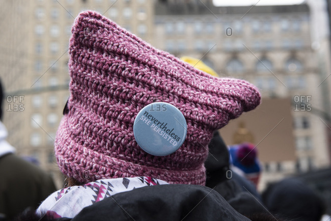 Foley Square - January 19, 2019: A pink hat at The Womens March in Foley Square, in New York City, NY, USA, on January 19th, 2019.