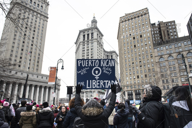 Foley Square - January 19, 2019: Puerto Rican sign at the Womens March in Foley Square, in New York City, NY, USA, on January 19th, 2019.