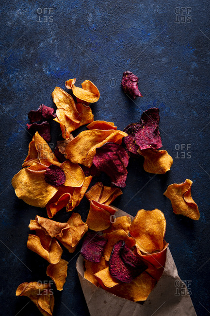 overhead shot of beet and sweet potato chips