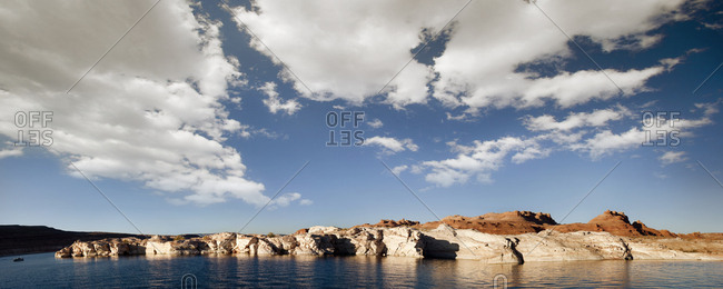 Clear lake on the coastline of an arid landscape.