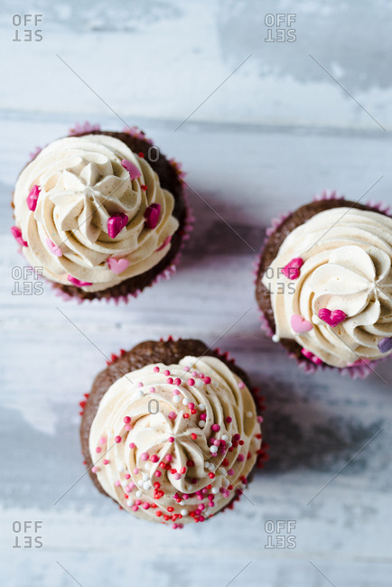 High angle view of Valentine\'s day themed cupcakes