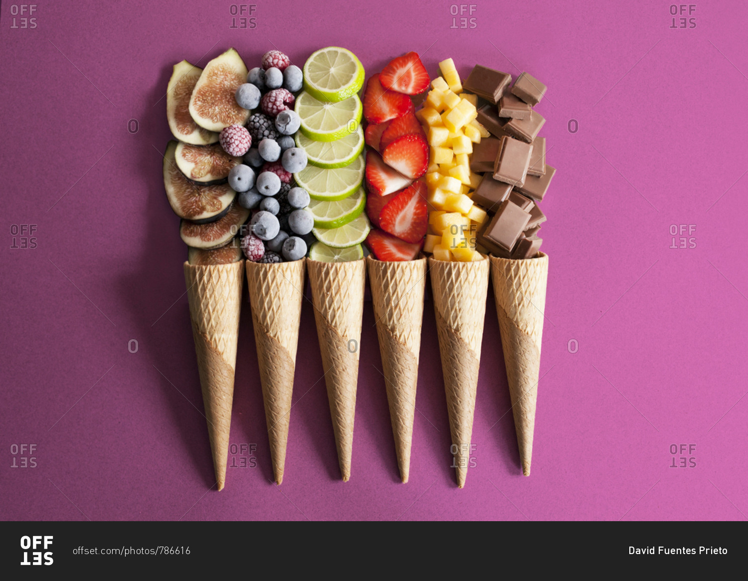Fruit cones such as strawberry, blueberry, peach, fig, blackberry, lime accompanied by chocolate