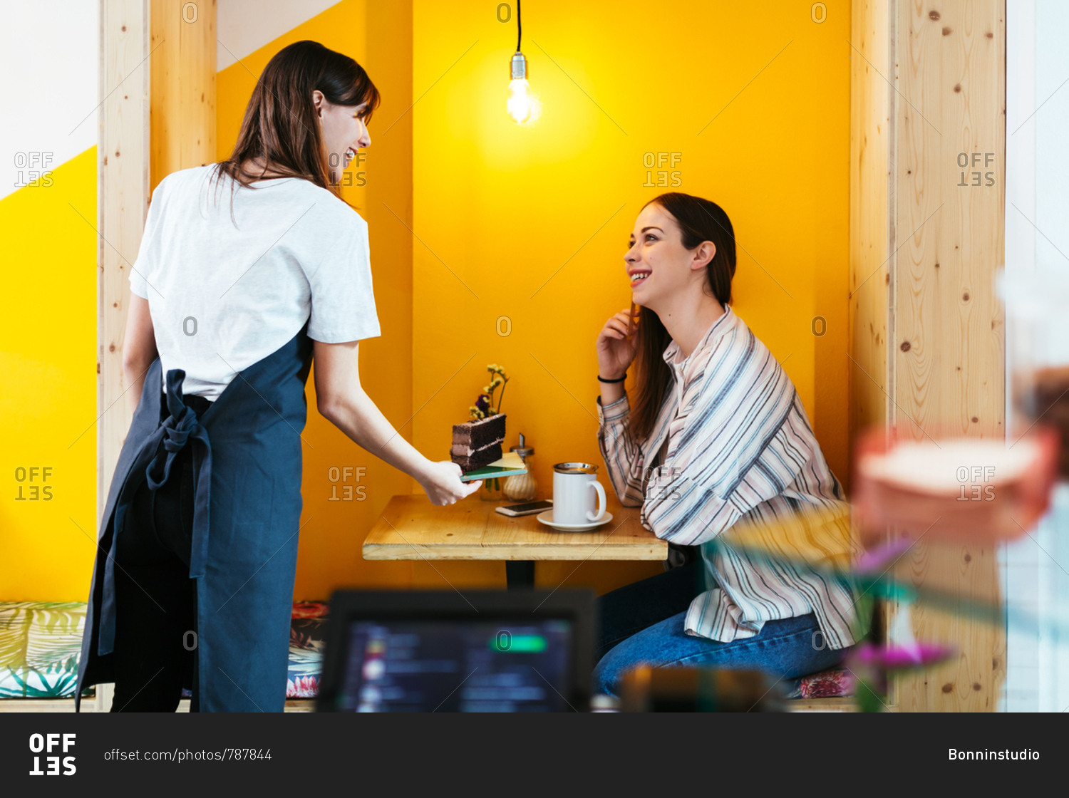 Young waitress serving a piece of cake to customer in a coffee shop.