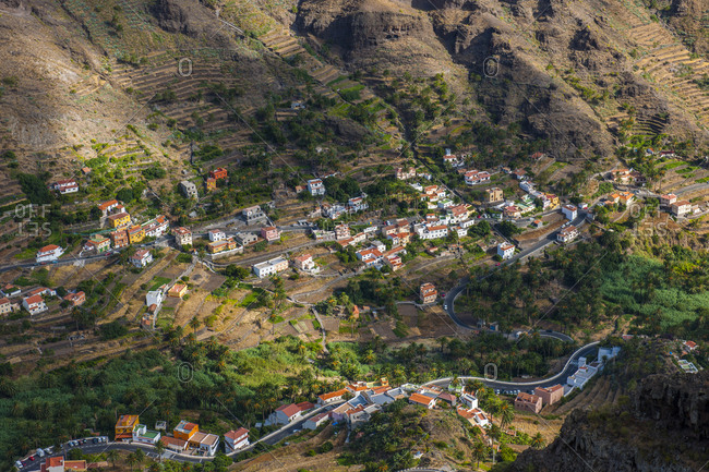 March 4, 2017: Canary Islands (Spain), La Gomera . villages along Barranco de Valle de Gran Rey, Valle de Gran Rey is a deep valley crossed by a road that joins the inner plateau with the famous beach of the English crossing the village of Vallehermoso